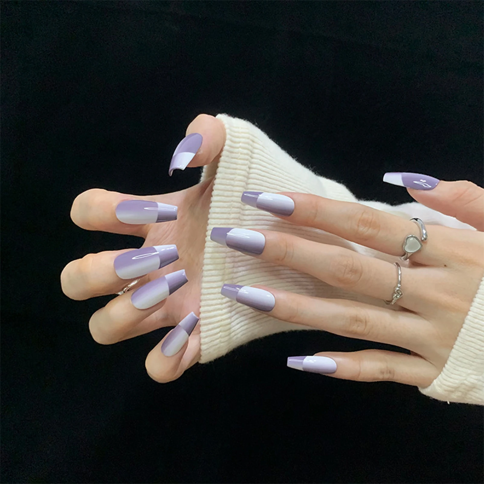 10pcs Handmade Comic French Tip Press On Nails Purple Cat's Eye False Nails Long Ballet Fashion Gradient Y2k Fake Nails Coffin