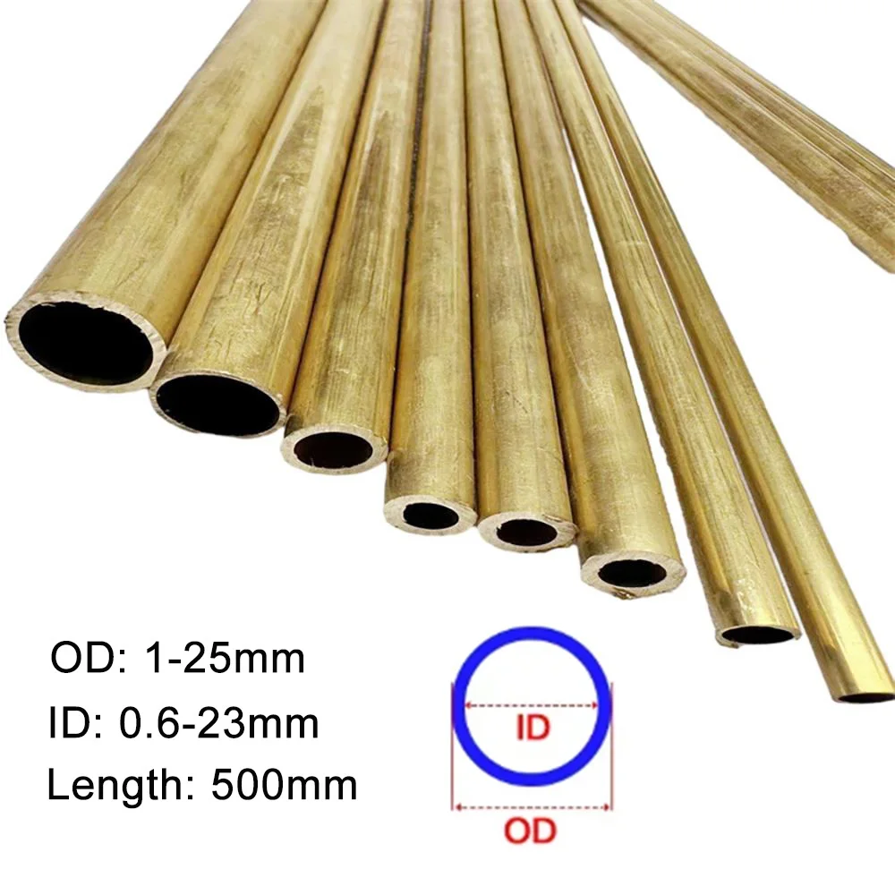 Brass Tube Metal Capillary Pipe 1/1.5/2/3/4/5/6/7/8/9/10/11/12/13/14/15/16/18/20/22/24/25mm Length 500mm Seamless Round Tubing