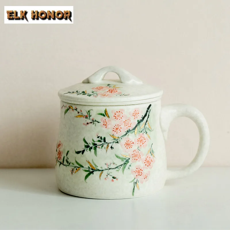 

320ml Pure Hand-painted Peach Blossom Coffee Mug With Lid Kitchen Cup Afternoon Tea Mug Household Office Water Cup Drinkware