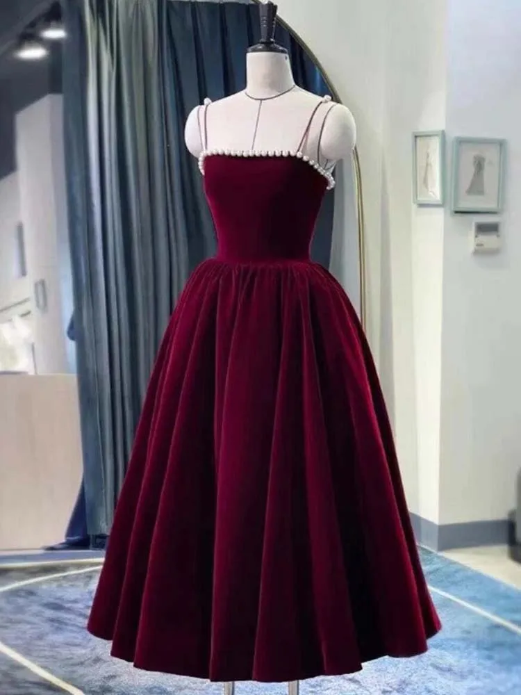 Burgundy Prom Dress Velvet Spaghetti with Pearls Party Homecoming Dresses Dark Purple, Burgundy, Green, Beige accept custom Made