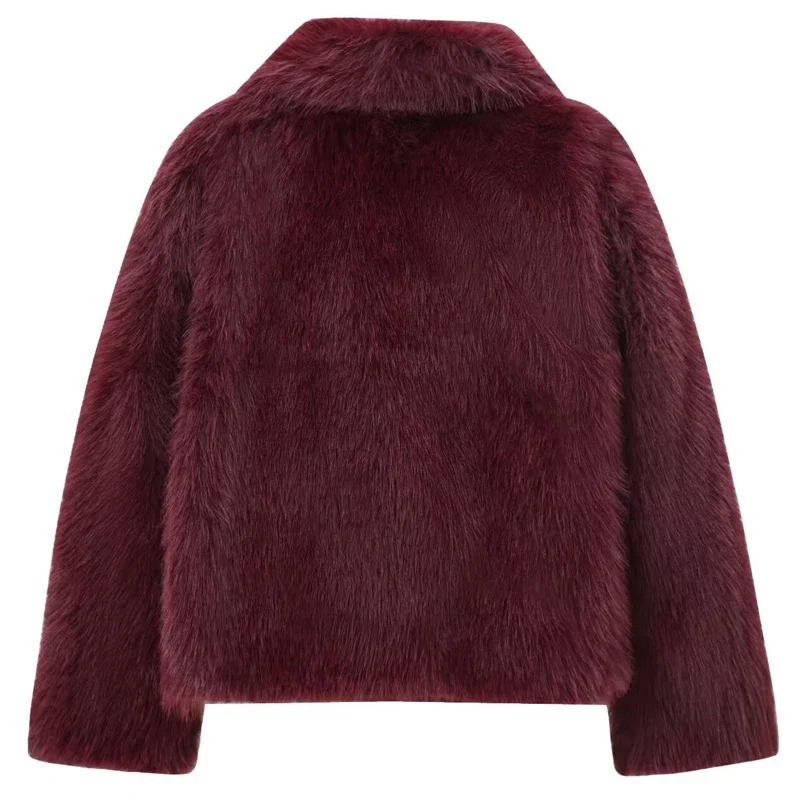 HXAO Women\'s Fur Coat Women 2024 Plush Burgundy Bomber Jacket Solid Crop Long Sleeve Jacket Warm Winter Coats Woman Casual Coats