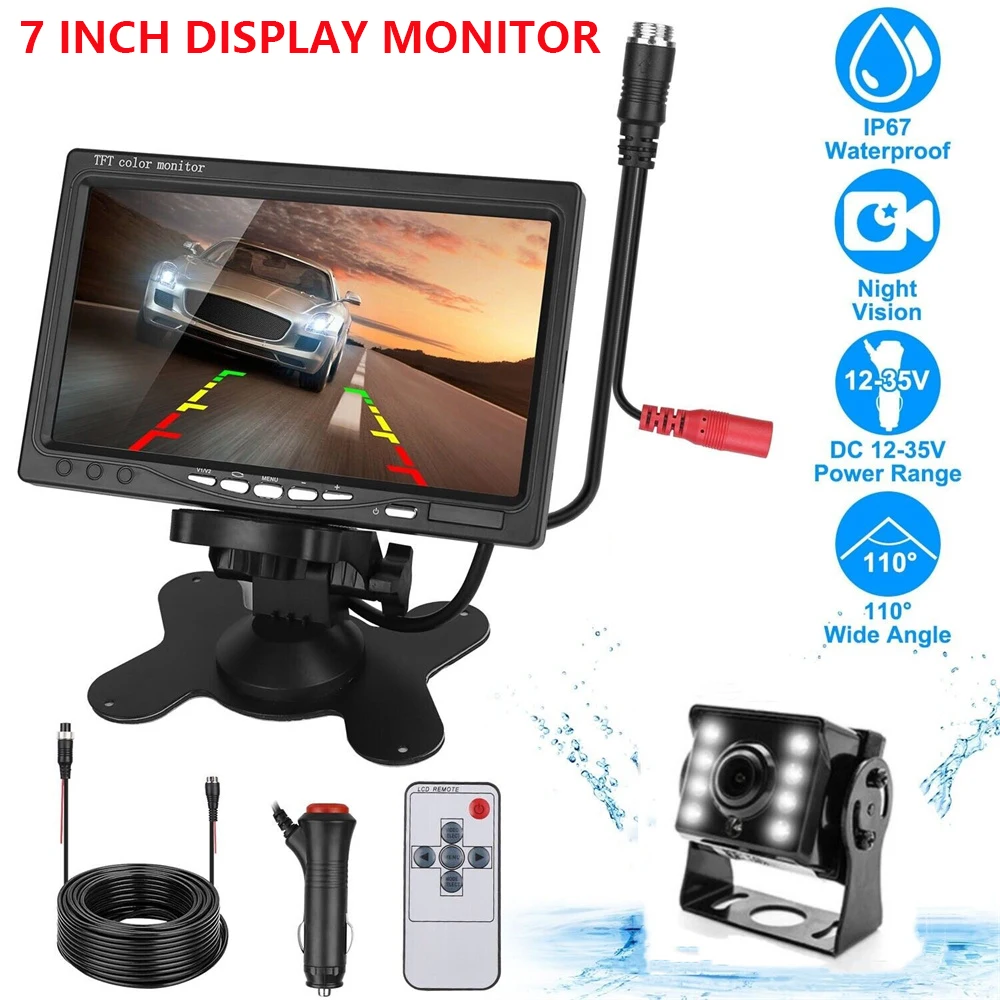 Car Rear View Camera For Truck Parking 7 INCH HD Monitor Trailer 9-36V LED Waterproof Camera with Screen Easy Installation