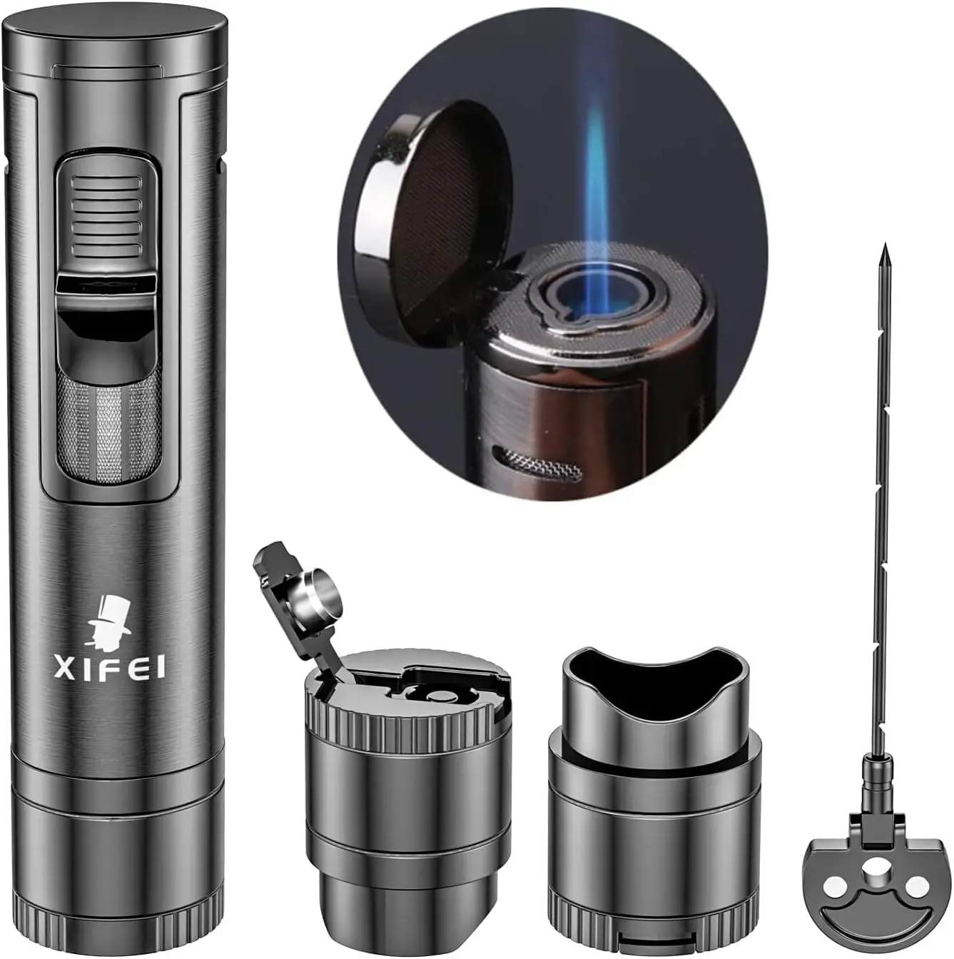 

Multi-Function Cigar Lighter with Puncher, Draw Enhancer, and Stand - Windproof Butane Torch for Gifts