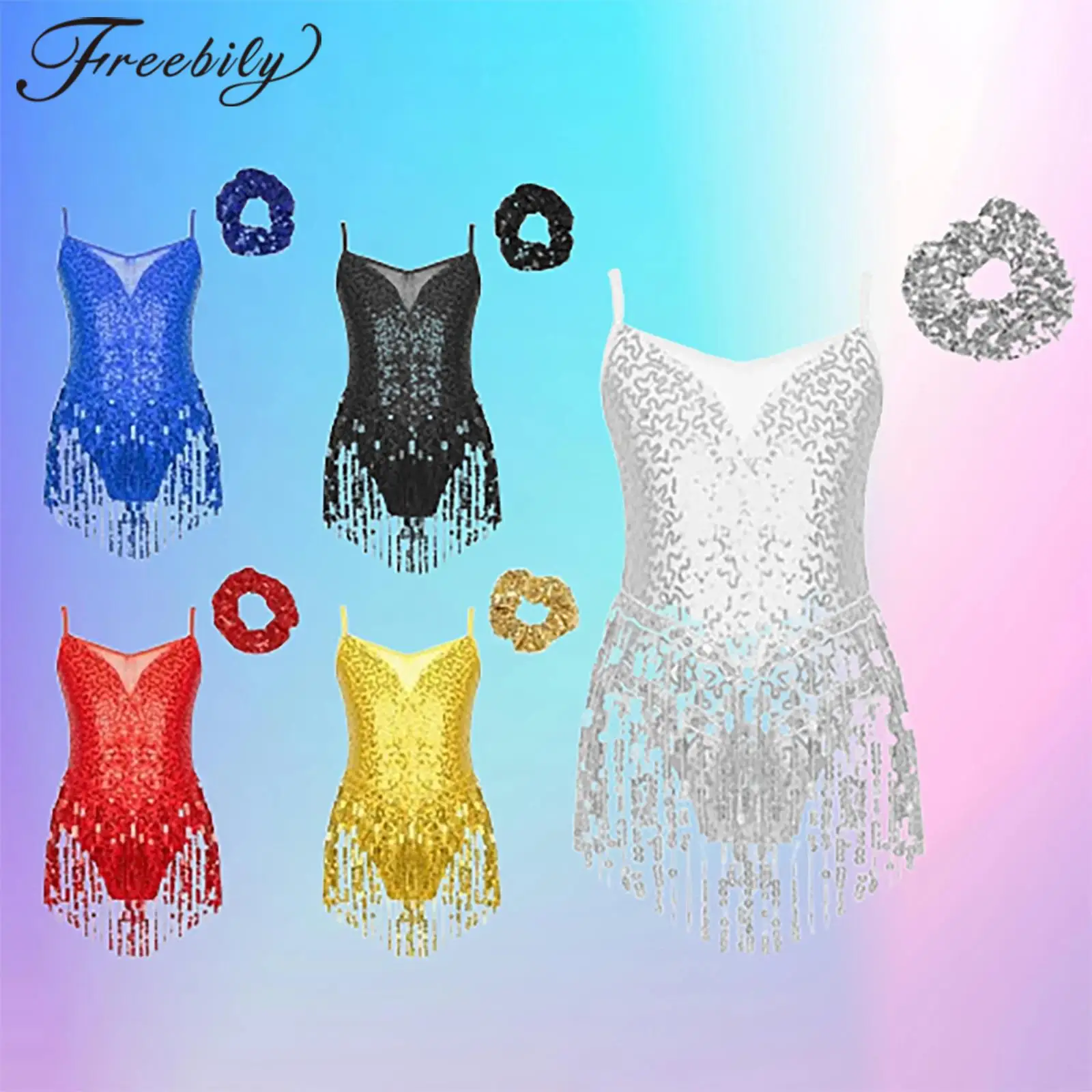 

Girls Fringed Latin Dance Bodysuit Kids Shiny Sequins Tassel Latindance Leotard Tango Cha Cha Jumpsuit Performance Dancewear