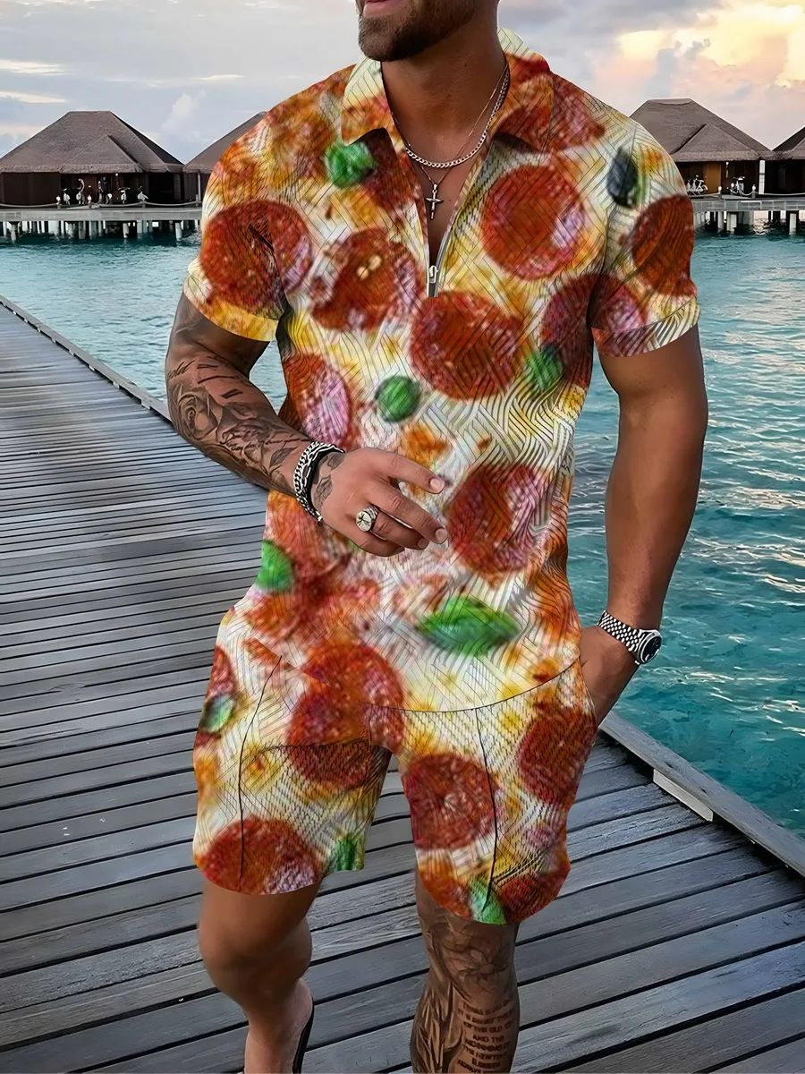 

Summer Men's Beach Sportswear Pizza 3D Printed Short Sleeve Zip Up Polo Shirt + Shorts Set Men's Fashion Streetwear 2pcs Sets