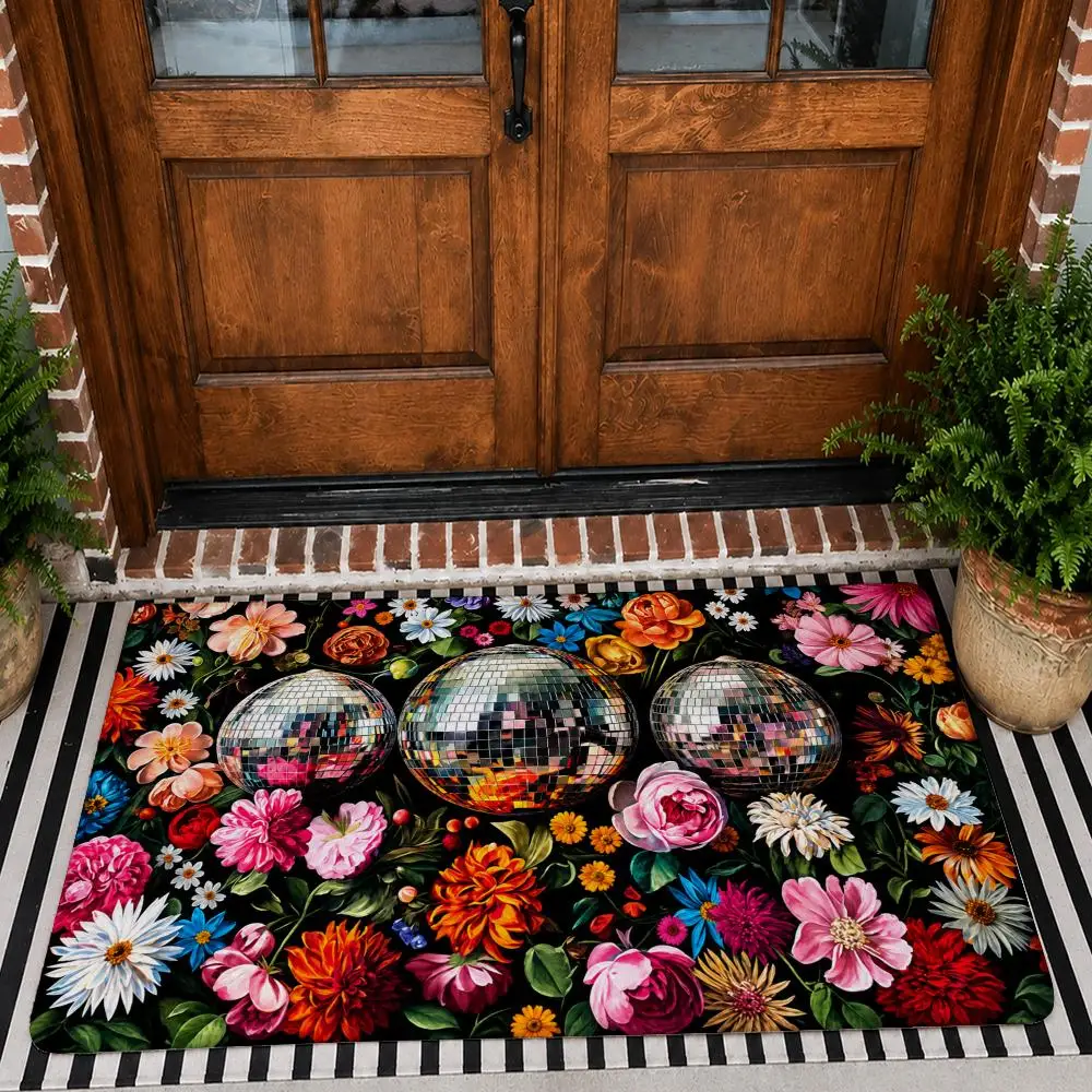 Florals Shiny Disco Spheres Floor Mat Flannel Rug Non Slip Absorbent Soft Washable For Entryway Hallway Bathroom Kitchen Decor