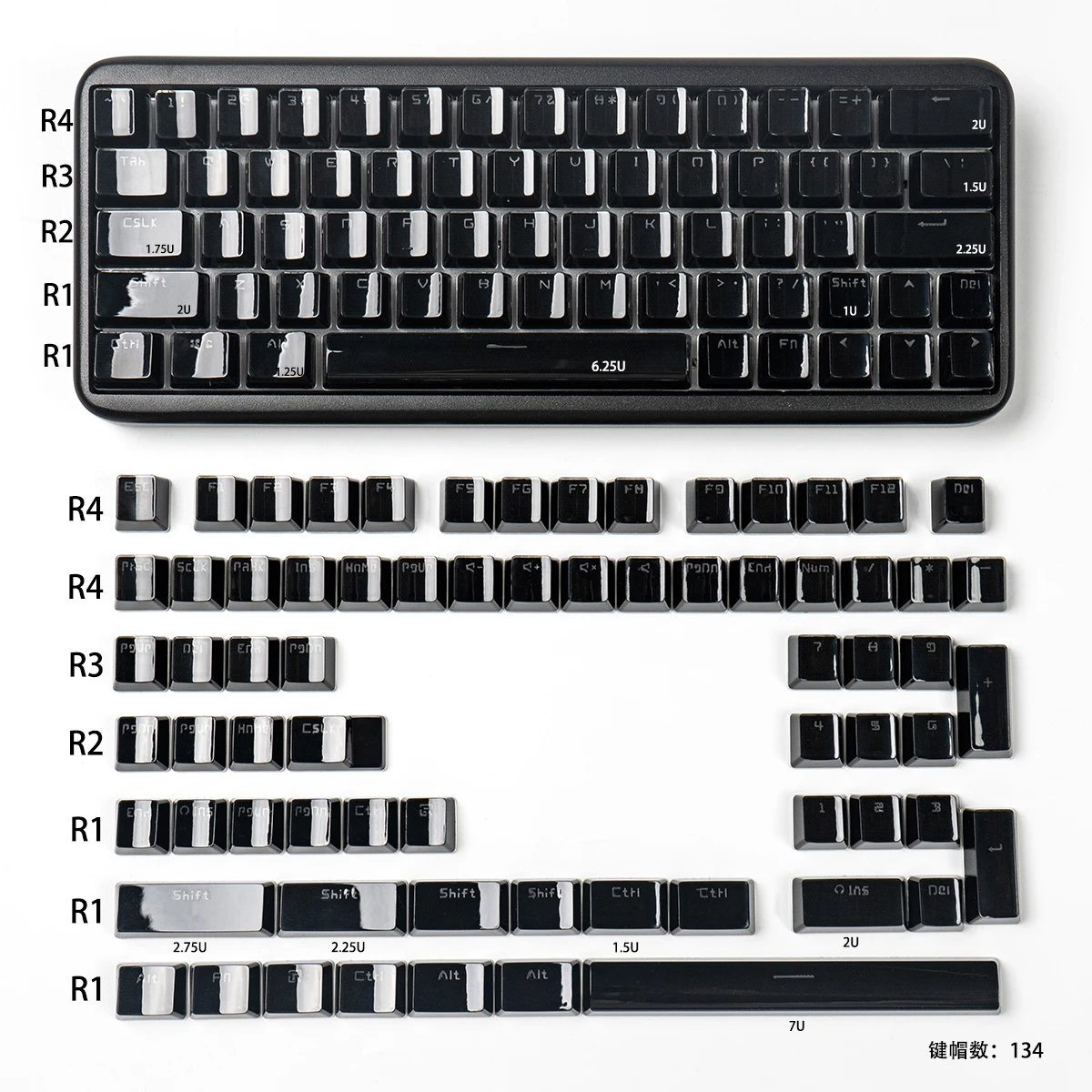 134 Tombol Profil OEM Jello Round Crystal PC Keycap Hitam Transparan Jernih Menyala dari Belakang untuk Switch MX Keyboard Gaming