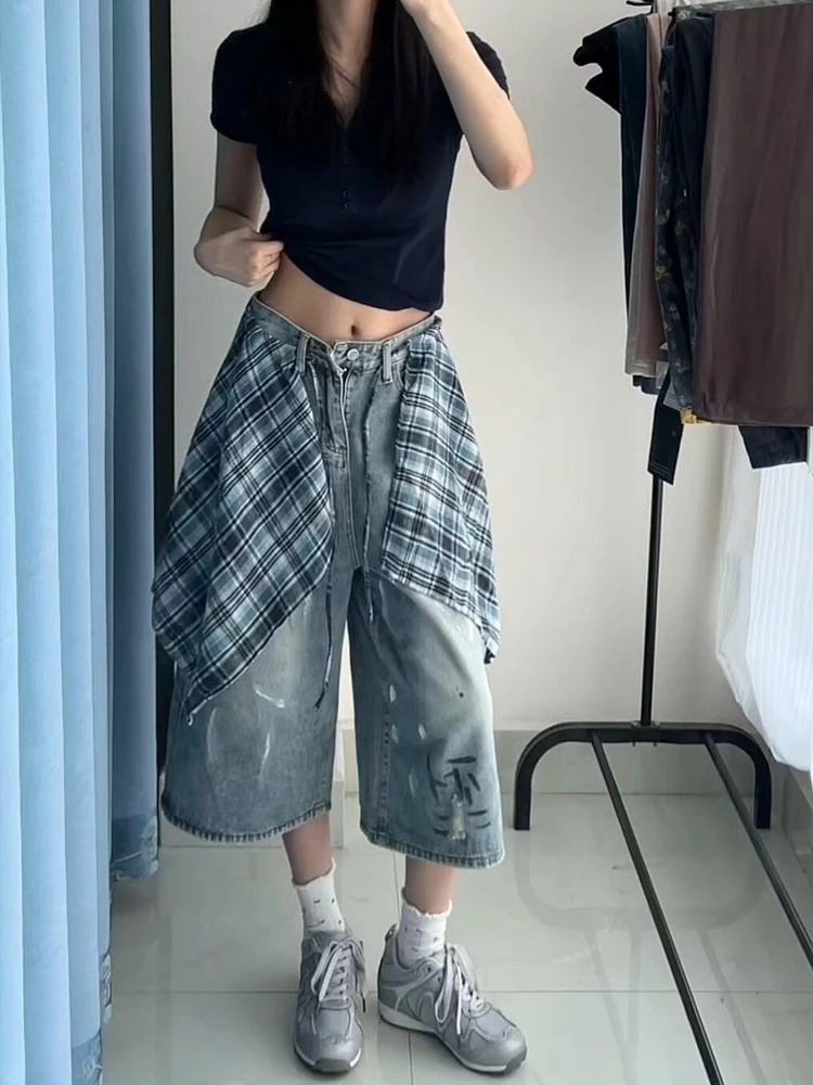 

American Style Spicy Girl Loose Wide Leg Jeans Women's Summer Design Dye Splashing Seven-Foot Denim Pants High Waist Asymmetric