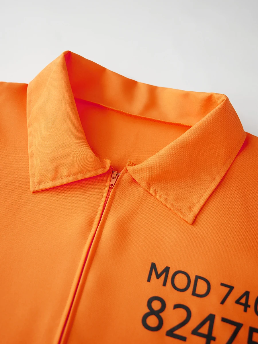 Fantasia de Halloween para homens e mulheres com fecho de zíper com estampa de letras e mangas compridas – perfeita para roupas de festa de cosplay