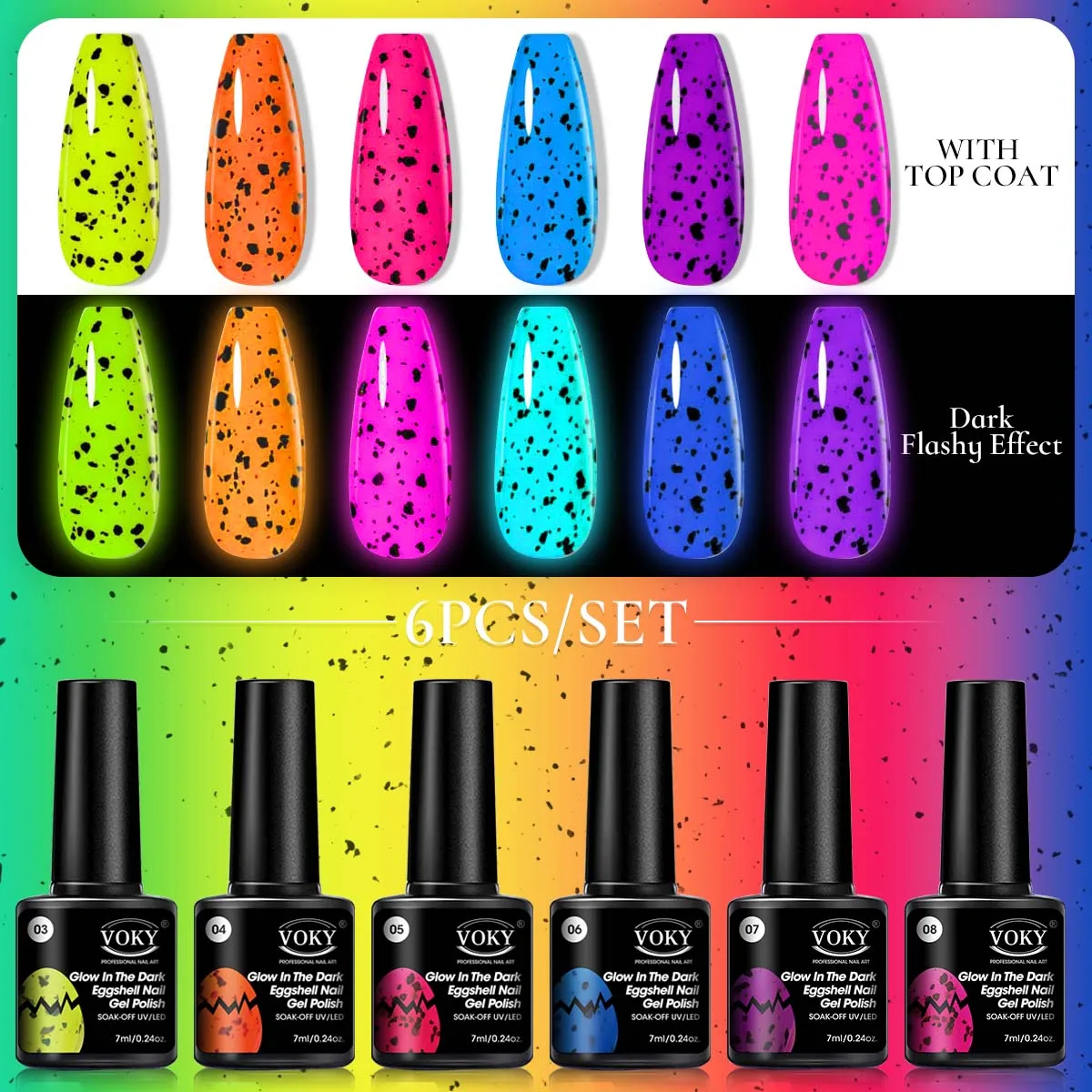 Voky ชุดเจลแต่งเล็บศิลปะทาเล็บเจลยูวีกึ่งถาวรสำหรับฤดูร้อนยาทาเล็บเจลเรืองแสงเรืองแสงในที่มืด6ชิ้น/เซ็ต