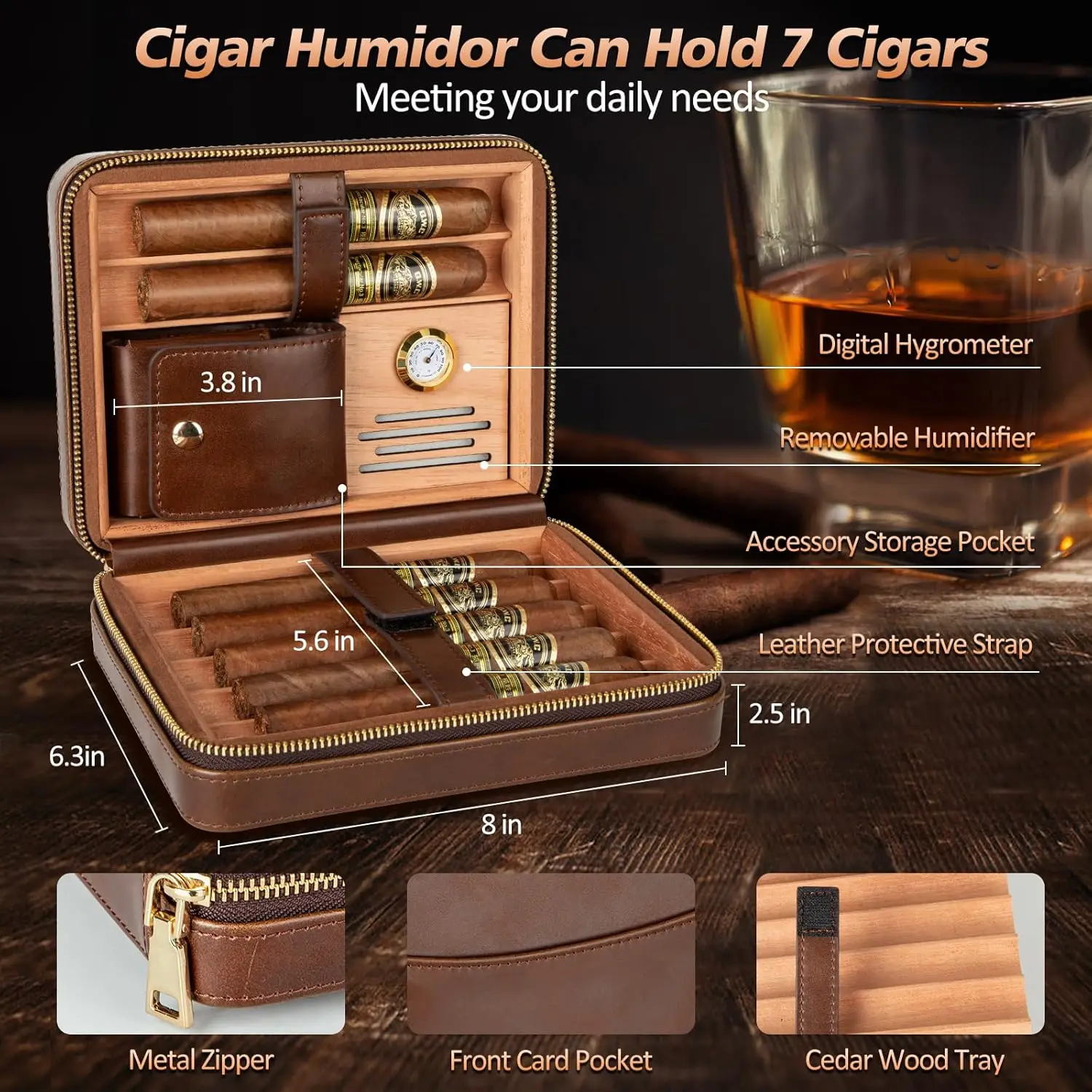 Leather Cigar Humidor with Cigar Lighter,Built-in Straight Cigar Cutter and Cigar Punch,Humidifier and Cedar Tray