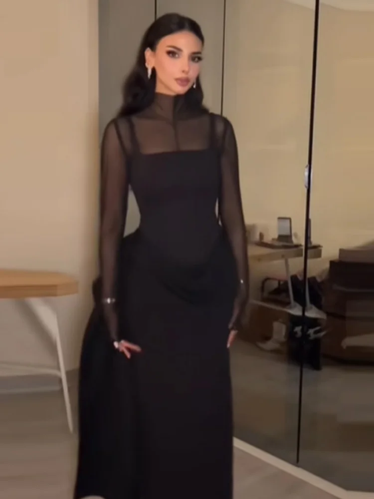 فستان نسائي مثير أسود شفاف أنيق برقبة عالية وأكمام طويلة فستان شبكي 2026 ملابس عصرية أنيقة للحفلات المسائية