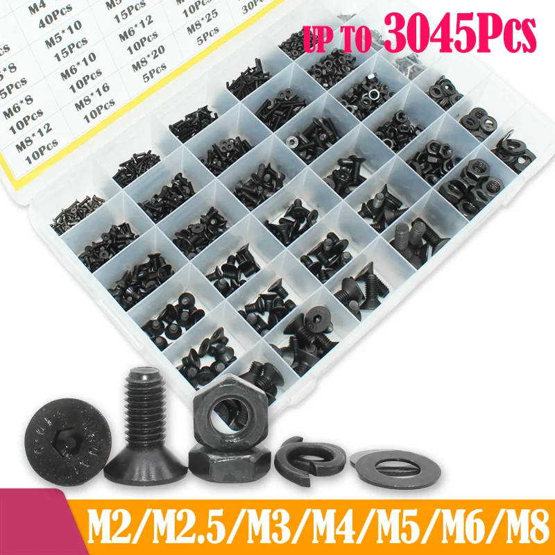 

2520p/set Hex Socket Countersunk Head Screw M2 M3 M4 M5 M6 M8 Carbon Steel Hexagon Flat Head Socket Cap Bolt and Nut Screw Set