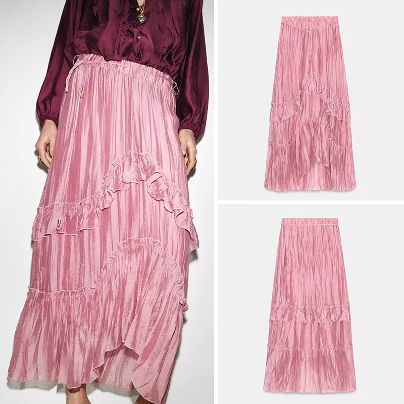 

Spring New Arrival Women's Midi Skirt Elastic Waist Layered Decoration Ethnic Sle Stage Costume for Ages 20-50