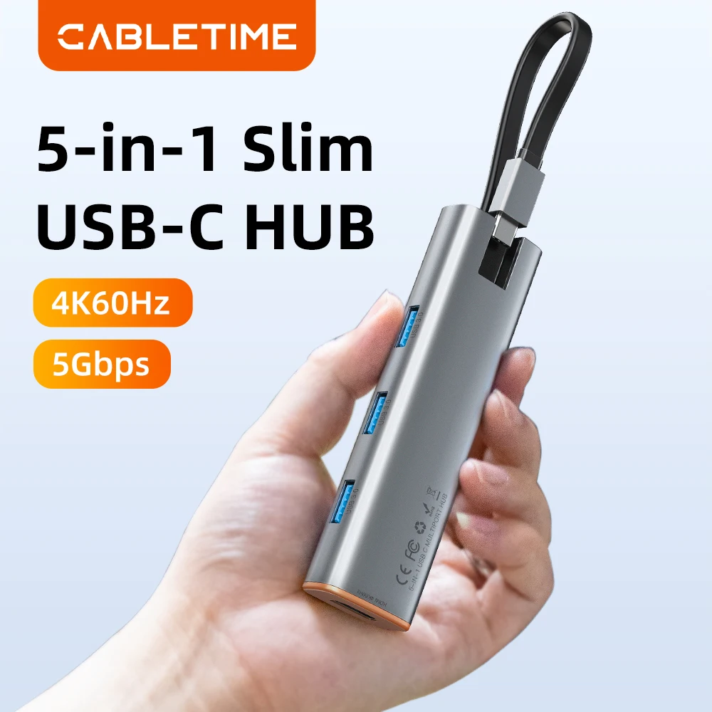 

CABLETIME Slim 5-in-1 USB C Hub HDMI 4K 60Hz PD 100W USB 3.0 5Gbps for MacBook pro - Laptop Type C Hub