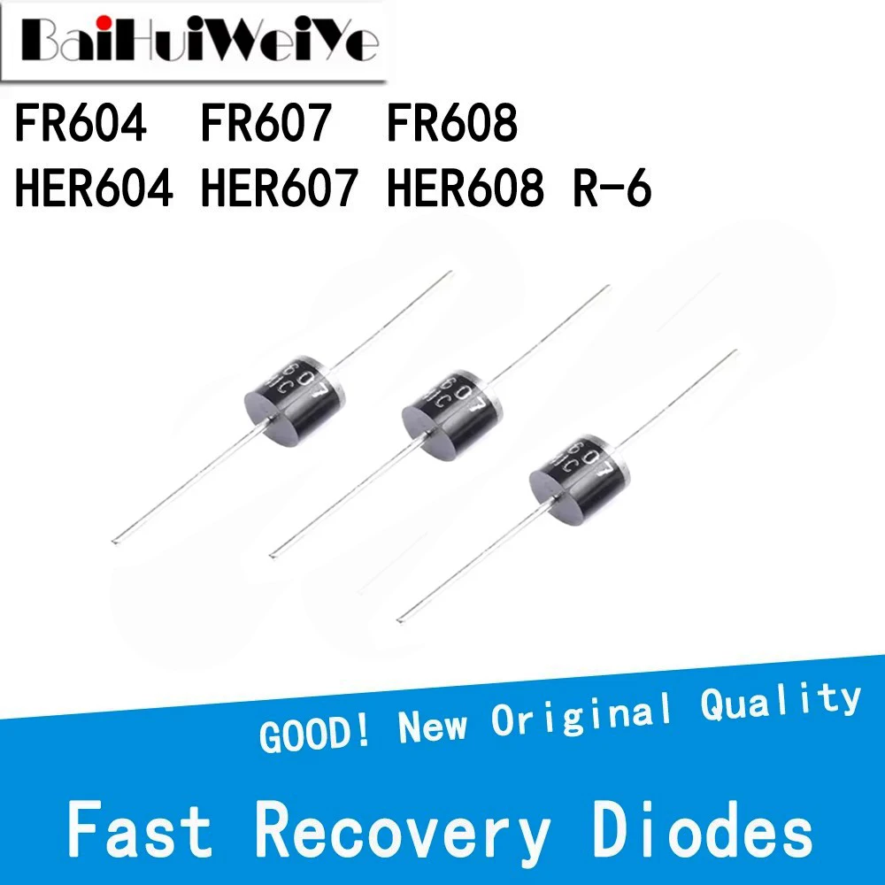 10Pcs HER608 FR604 FR607 FR608 HER604 HER607 6A300V 6A400V 6A800V 6A1000V Fast Recovery Diodes R-6 New Good Quality Chipset