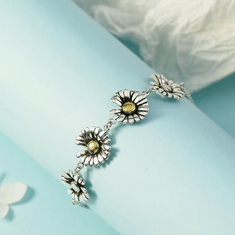 925 Sterling Silver Vintage Daisy Flower Charm Bracelet For Women Bracelets &Bangles Wedding Party Jewelry Gift Jlkfjlda