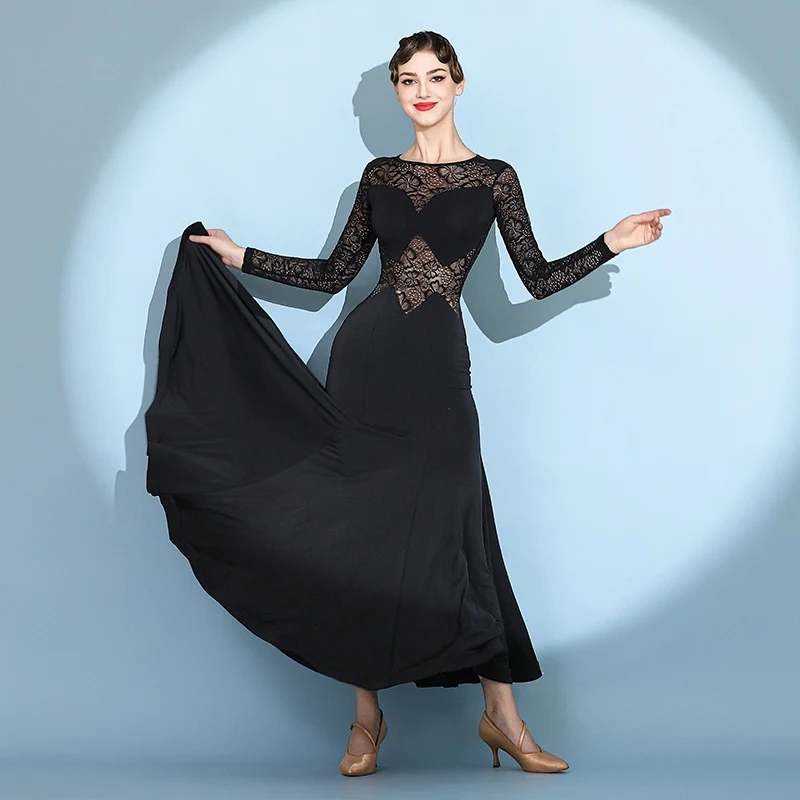 Professional National Standard Dance Clothes Women Dress Modern Ballroom Dance Costume Lady Black Lace Big Swing Dress DN21538