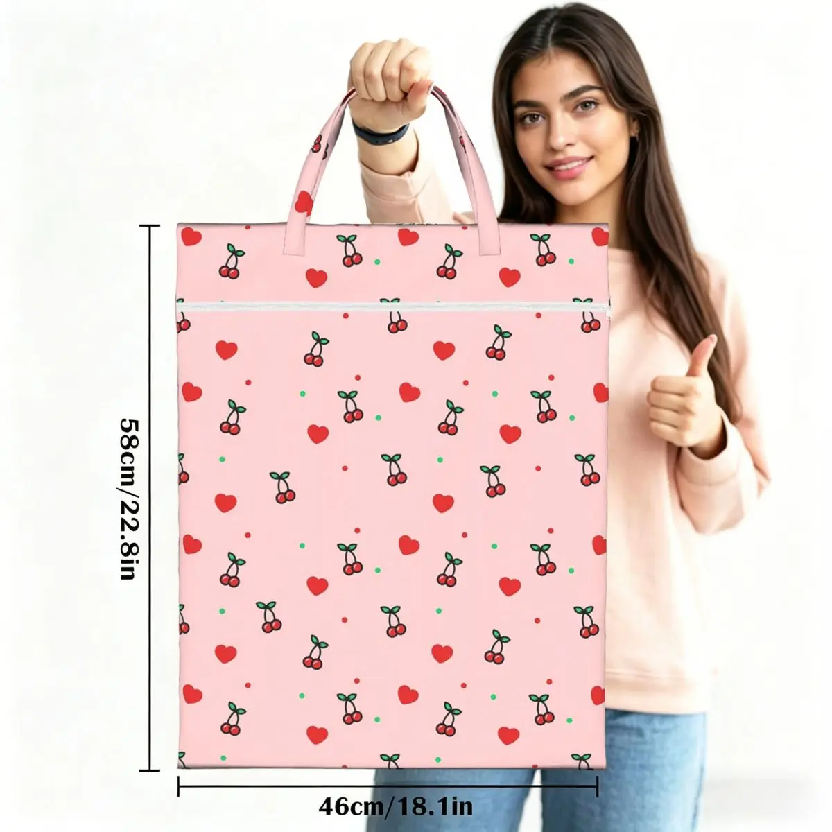 Cherry Heart Design Pattern With Pink Background Travel Laundry Bag Reusable Dirty Clothes Pouch Gym Yoga Camping Washing Basket