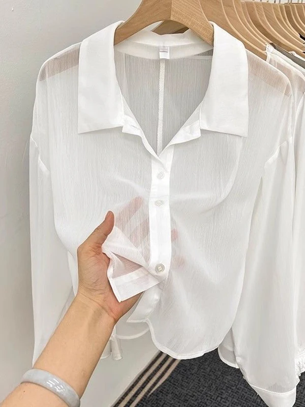 

White Long Sleeve Sun Protection Shirt Women's Summer Thin Chiffon Cardigan Outer Design Sensation Thin Veil Short Jacket
