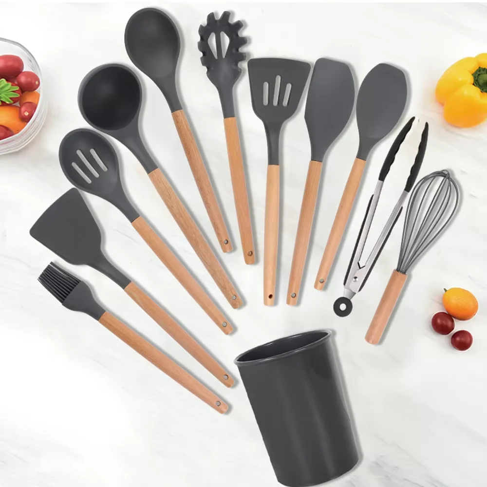 Silicone Kitchen Utensils Set with Wooden Handle, Cooking Gadgets, Plastic Holder, 12Pcs