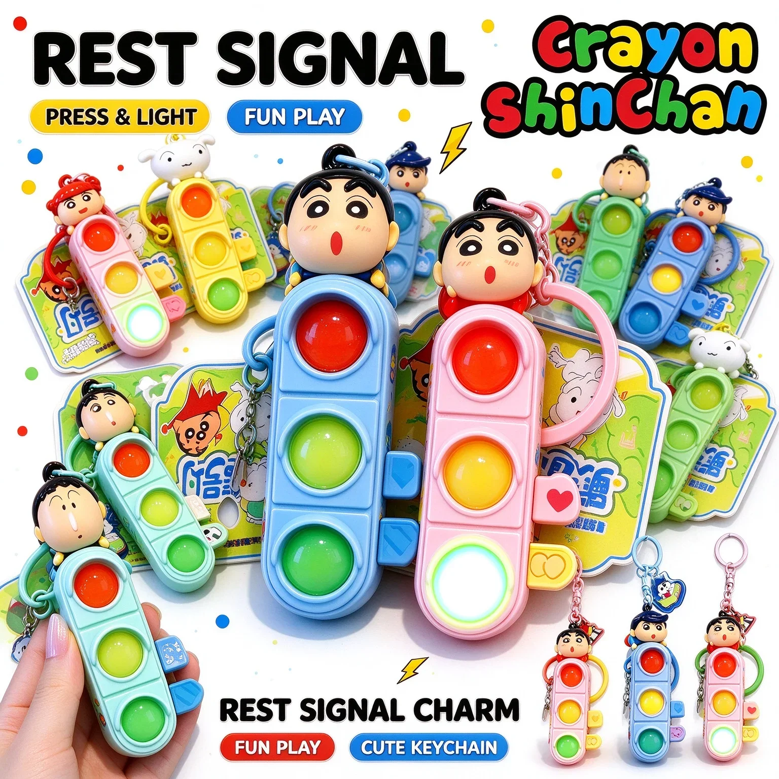 Anime Crayon Shin-chan Traffic Light Fidget Keychain, Cute Anime Stress Relief Clicker Toy, Bag Pendant Key Ring Birthday Gift