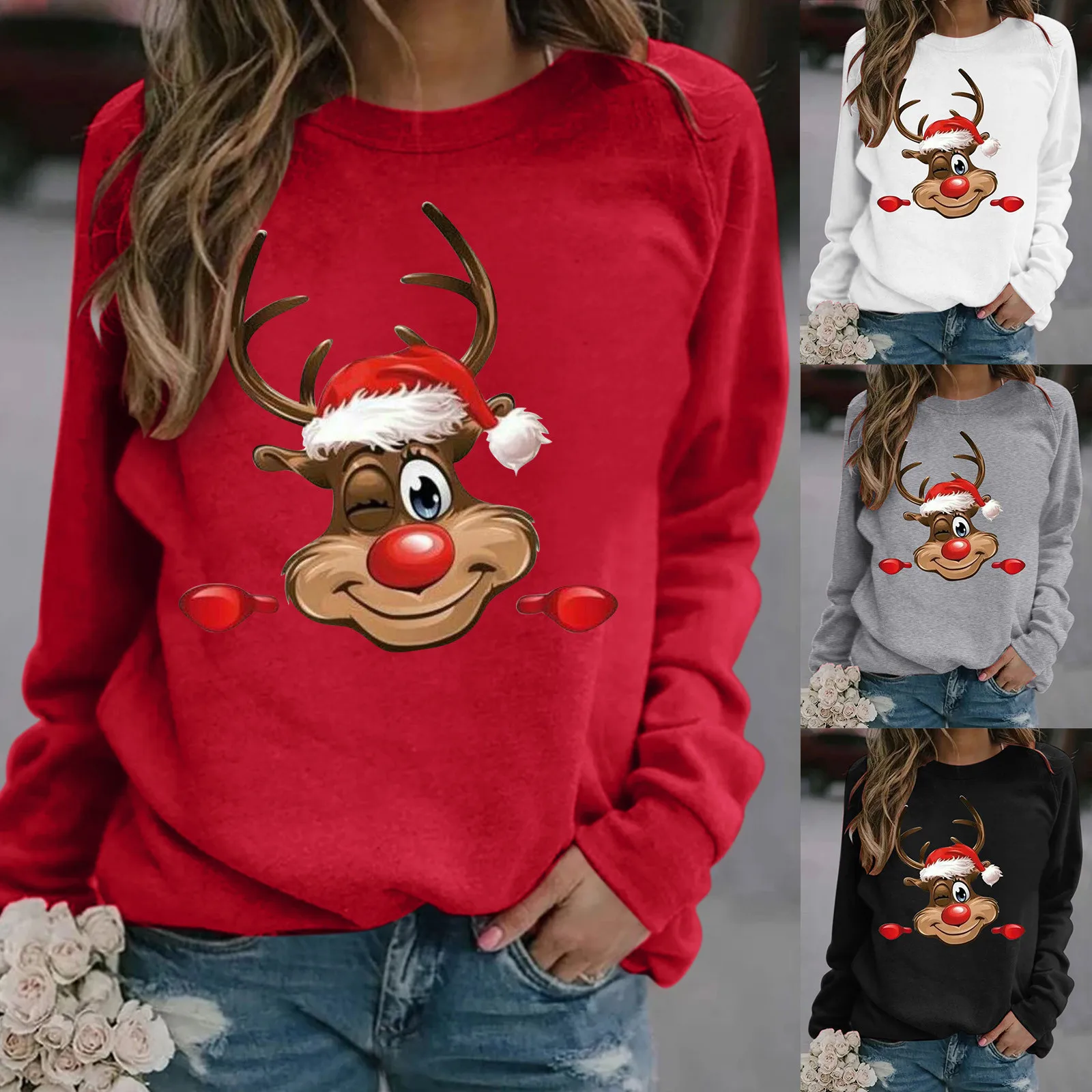 

Solid Color Women'S Hoodies Top Long Sleeve Sweatshirt Elk Printed Christma Pullover Cardigan Ugly Female Overszie Undershirts