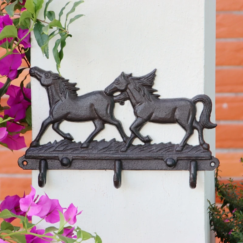 Two Running Horse Cast Iron Wall Mounted Hook With Three Hangers Antique Black For Indoor Outdoor Clothes Coats Hat Keys Vintage