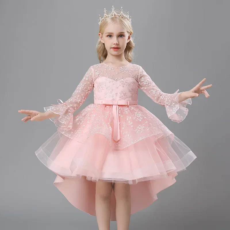 Girls' Ceremony Gala Elegant Party Vintage Dresses 4 8 to 10 12 Years Blue Puffy Long Sleeve One-piece Gown Female Child Clothes