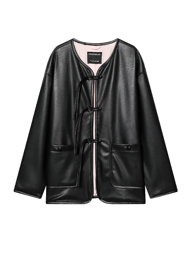 

HH Women Fashion Long Sleeves Short Coat Solid Pockets Solid Coat Women Round Neck Shoulder Chinese Buckle Spring Jacket