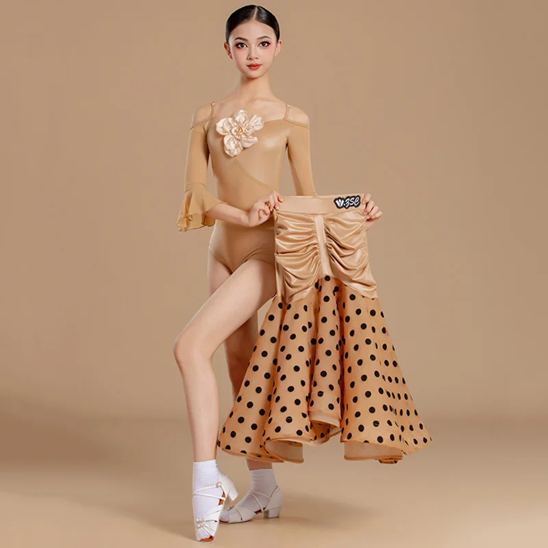 Kinder Mädchen Spaghettiträger Mesh Bodysuit und lange Swing-Röcke Übungssets Kinder Ballsaal Professionelle Tanzkostüme