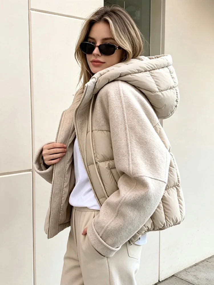 Women Mixed Fabric Spliced Puffer Jacket Hooded Drawstring Zip Up Long Sleeve Quilted Warm Cropped 2026 New Ladies Outerwear