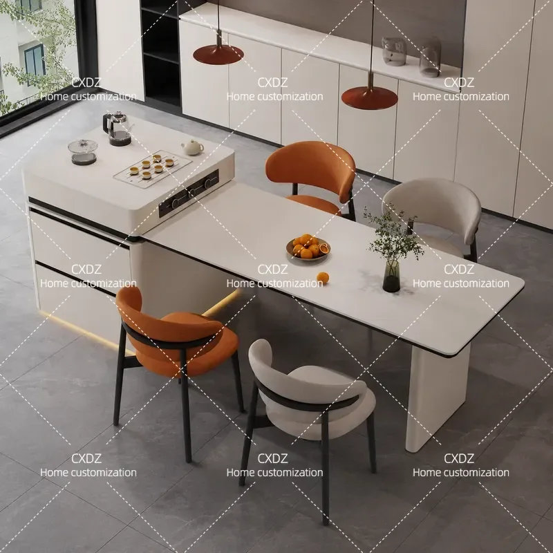 Retractable Kitchen Island Table with Rock Slab Top Integrated Household Partition for High End Villa Modern Space Saving