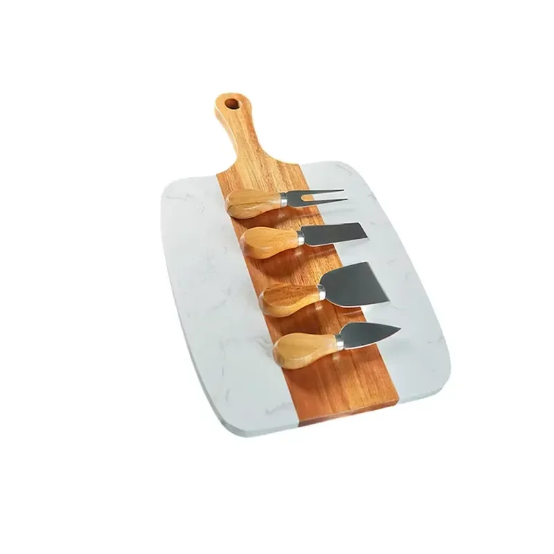 Marble Acacia Wood Rectangle Sustainable Cheese Board Set 4-piece set, cheese knife, hot food platter, kitchen utensils