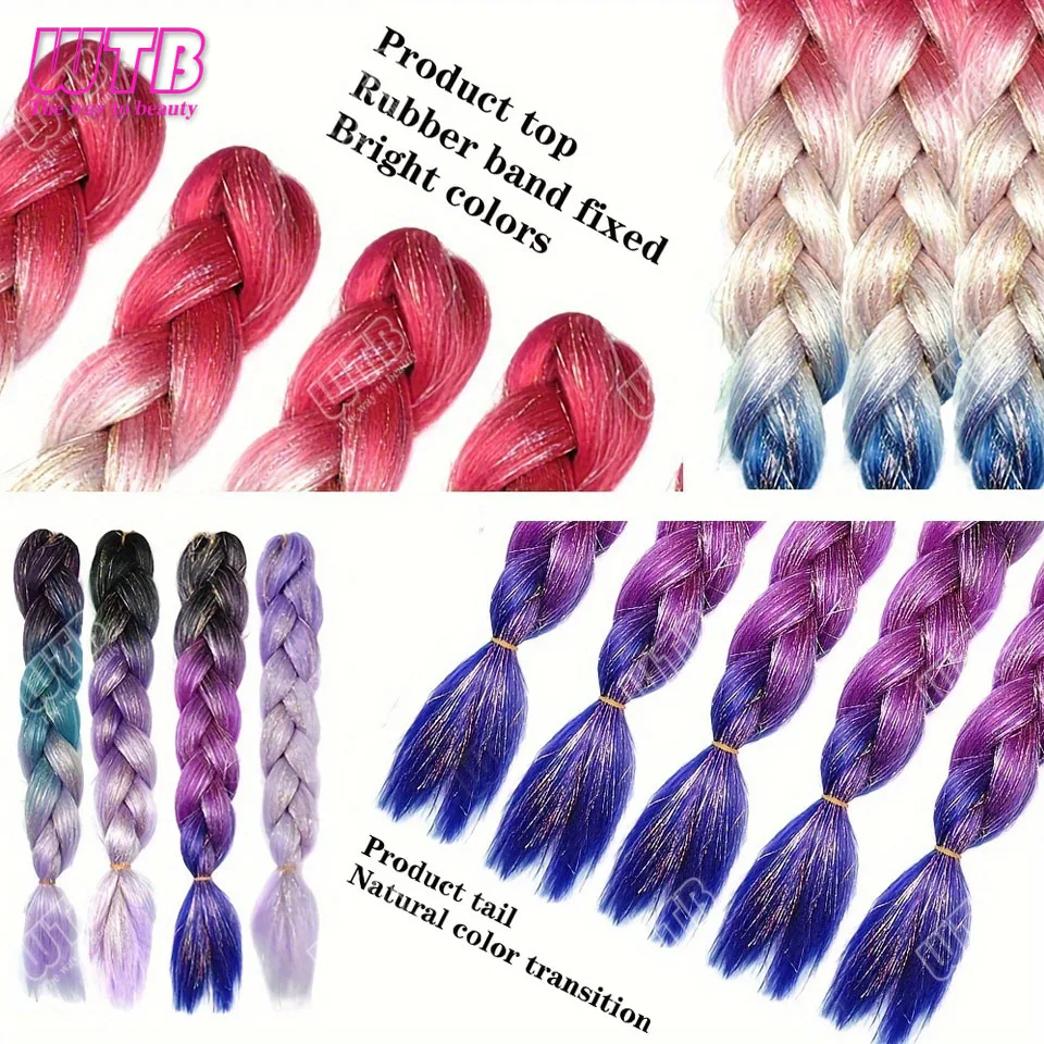 وصلات الضفائر الاصطناعية اللامعة للنساء - شعر أومبير طويل مستقيم مع خصلات بهرج للاستخدام في حفلات الهالوين