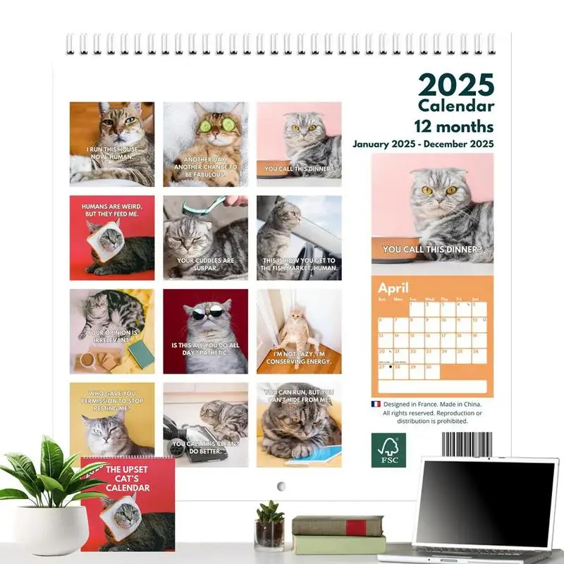 2025 Upset Cat Calendar with Beautiful Cat Illustrations 12 Month Calendar Decoration for Home Bedroom Desktop Decoration