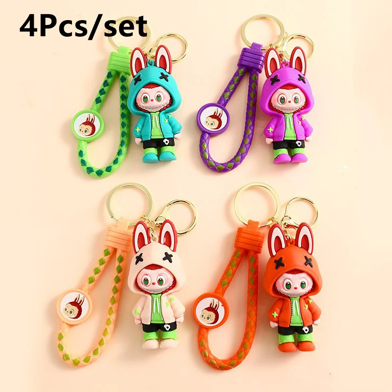 4Pcs/Set Cute Key Chain Anime Labubu Bucktooth Sheep Car Keychain for Bag Charms Doll Keyring Men Women Jewelry Couple gifts