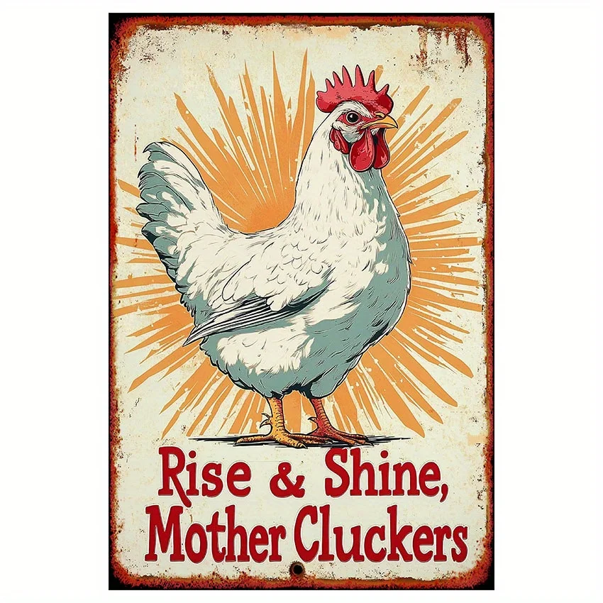 

Vintage Chicken Rise & Shine Metal Sign - 8x12 Inches, 2D Flat Wall Art for Home, Restaurant, Cafe & Garage Decor