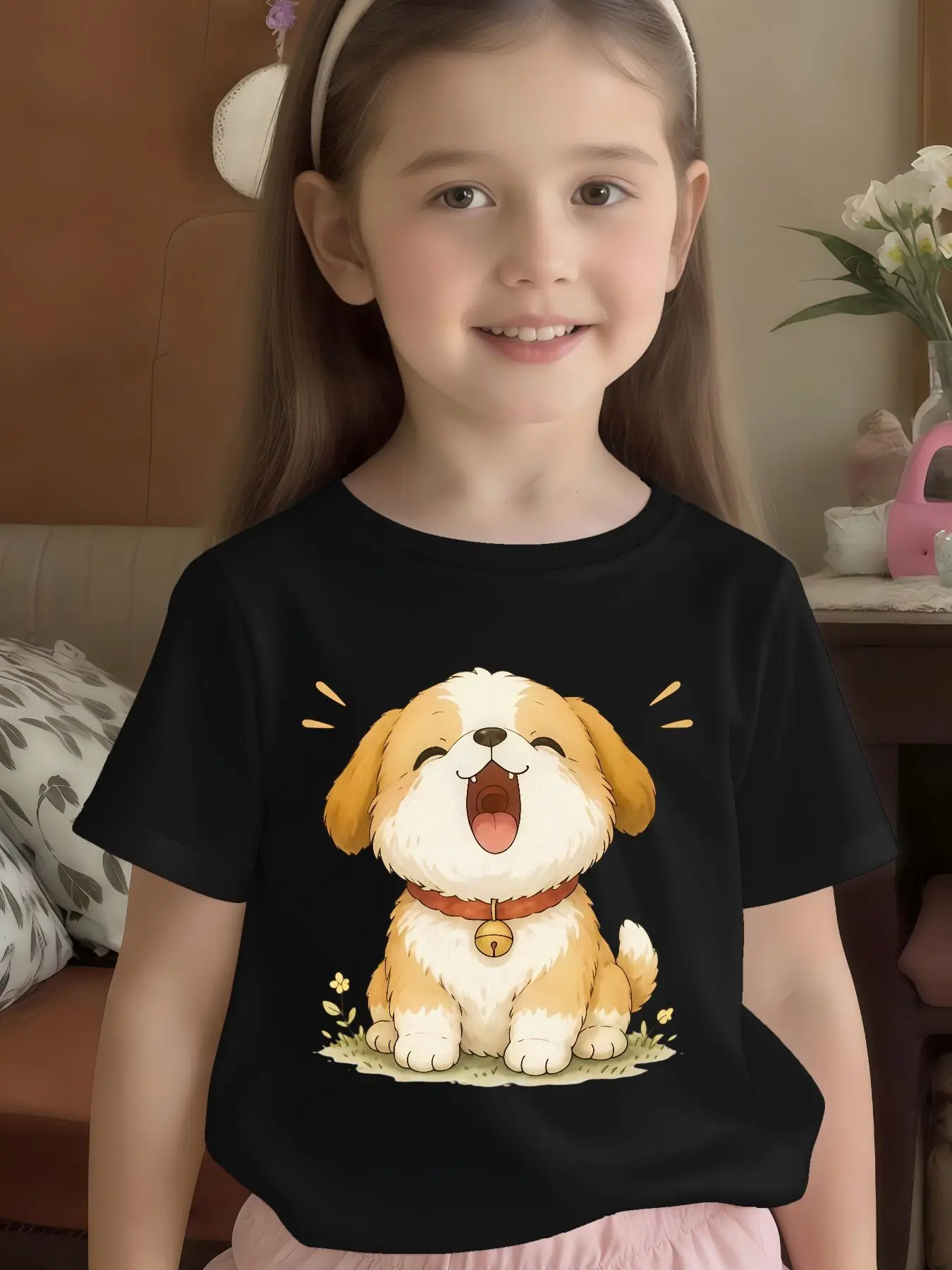 Cute Smiling Bell Puppy Print T Shirt Boys Girls Parent Child Short Sleeve Soft Breathable Summer Casual Daily Children Outfit