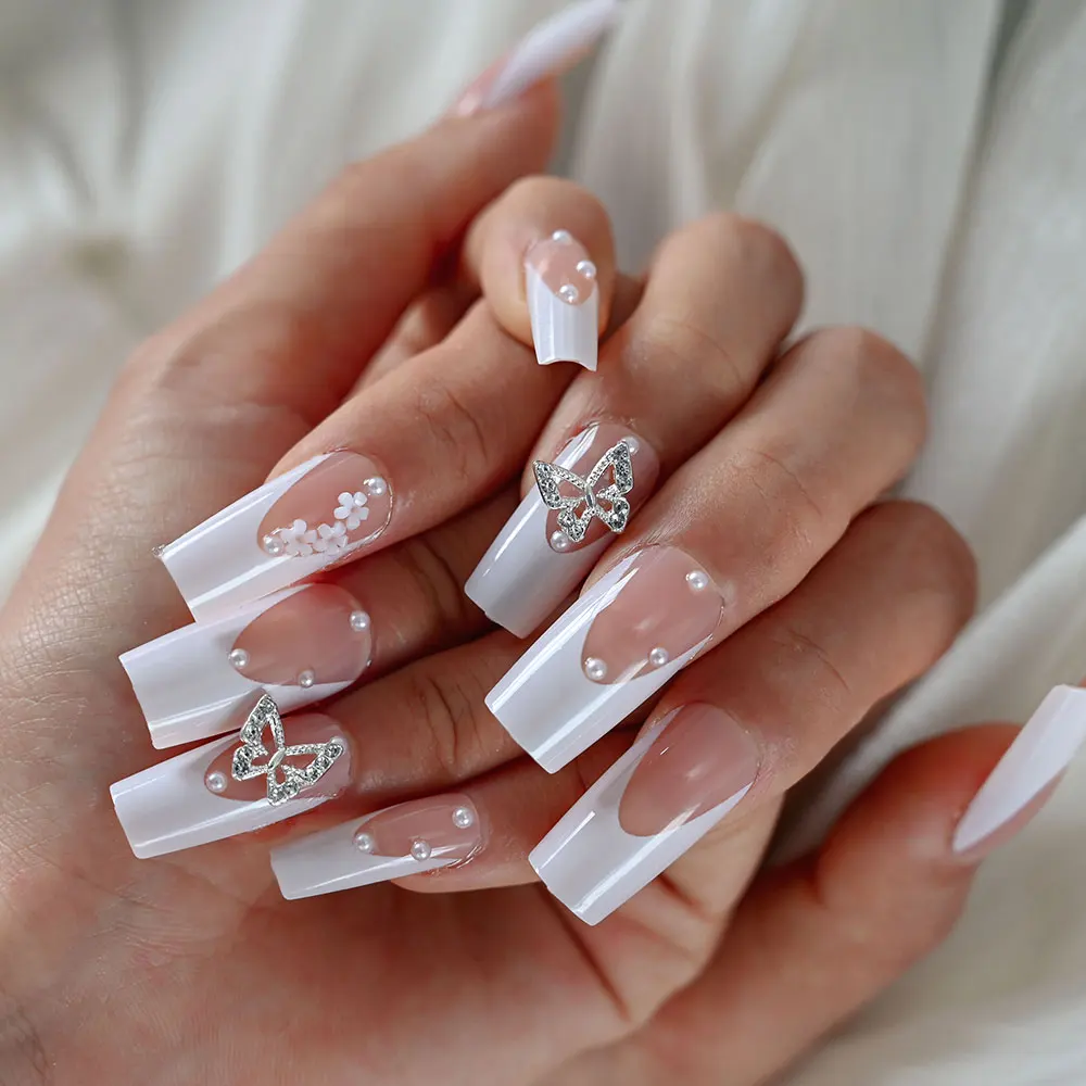 Faux ongles artificiels longs à couverture complète, faux ongles de ballet, conception de fleur et de papillon, presse de cercueil, N64, boîte de 24 pièces