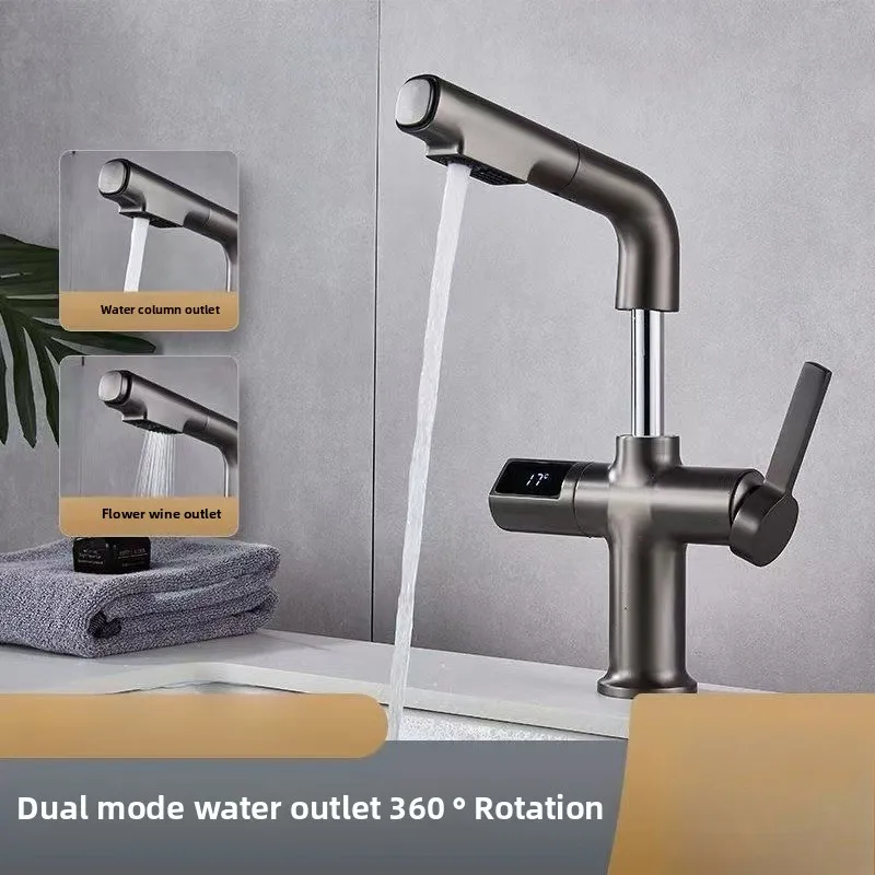 

Digital Multi-functional Liftable Pull-out Basin Faucet for Bathroom Sink, Hot and Cold Home Basin Tap