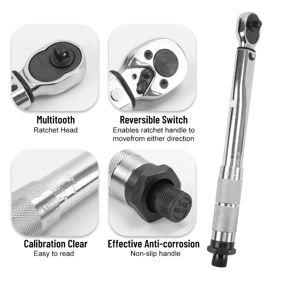 Ajustável Precision Torque Wrench, reversível Ratchet Key, Professional Hand Tool para Car & Motorbike Repair, 5-210N.m 3/8