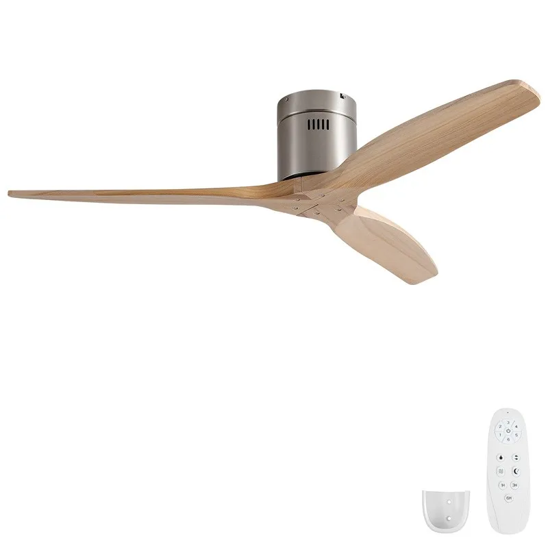 

52" Modern Flush Mount Solid Wood Ceiling Fan No Light Reversible Remote Indoor