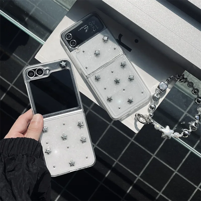 Silver Star Chain เคสโทรศัพท์สําหรับ Samsung Galaxy Z Flip 6 5 4 3 ป้องกันด้านหลังสําหรับ ZFlip4 ZFlip5 ZFlip6 กรณี