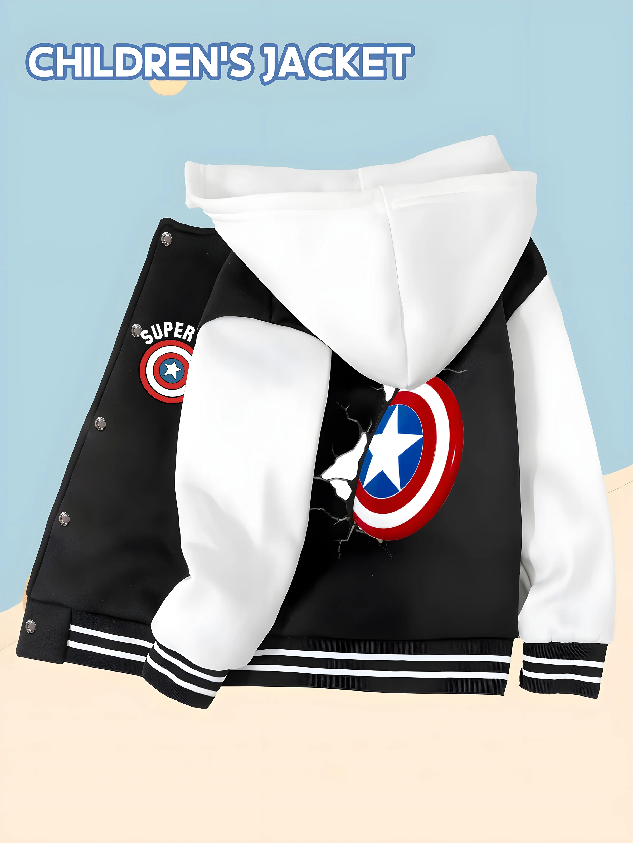 

MINISO Marvel Boys' Baseball Jacket - Captain America Shield Print, Double-Sided Pattern, Comfortable Fabric, Black and White, F
