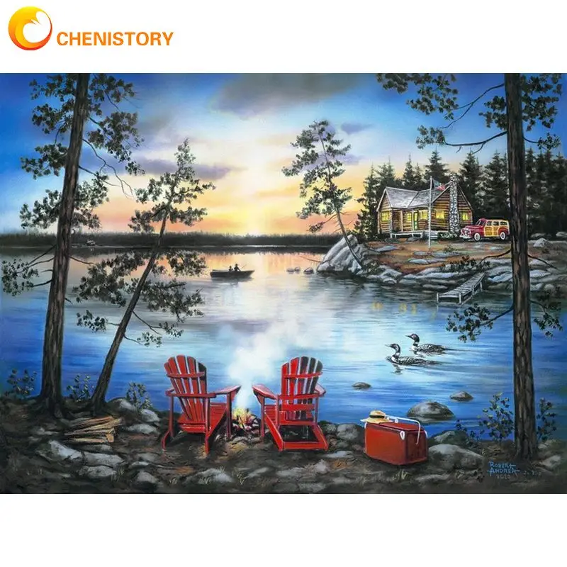 

CHENISTORY Pictures By Number Scenery Of Lakeside Lounge Chairs Kits Home Decor Painting By Numbers Drawing On Canvas Art Gift