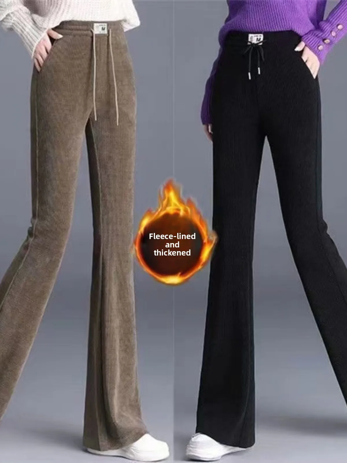 Autumn Winter Thickened Fleece Waist Bell Bottom Pants Women Casual Straight Leg Pants Drape Slim Wide Leg Pants Bell Pants