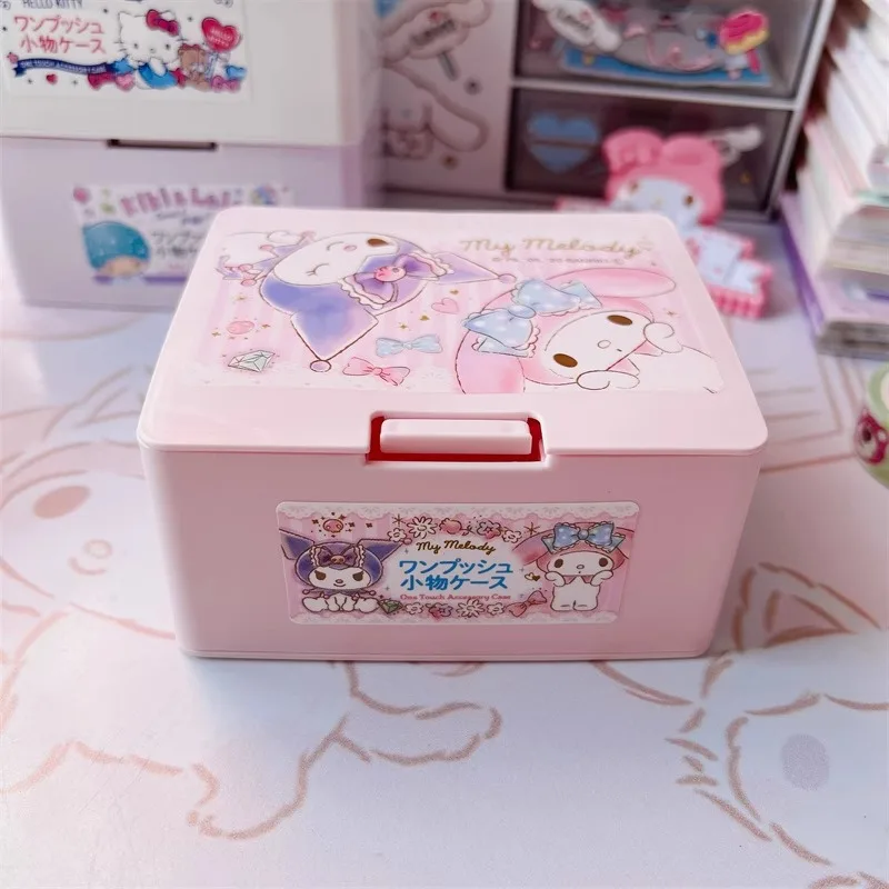 2024 Sanrio Storage Box My Melody Kuromi Cinnamoroll Cartoon Cute Desktop Foldable Cotton Swab Box Girls Portable Jewel Case