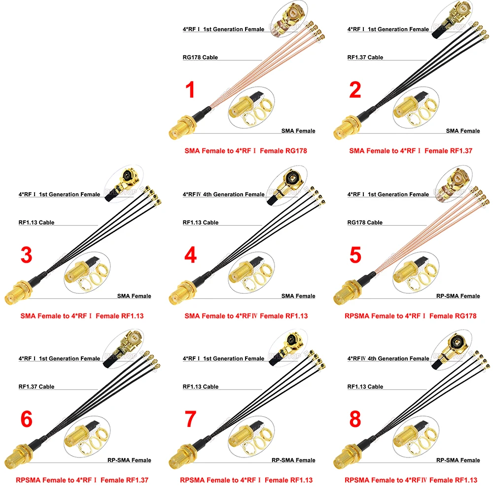 4×uFL/IPX/MHF4 Female to RPSMA/SMA Female Connector Φ1.13/Φ1.37/RG178 RF Cable Pigtail 4Splitter Wifi Antenna SMA-4uFL RF Jumper