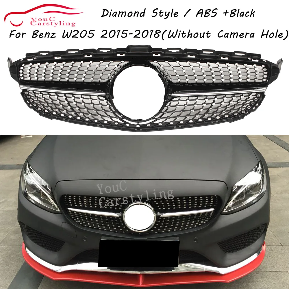 W205 Diamond Grille Front Bumper Grill Mesh For Mercedes C W205 AMG Package 2015 - 2018 C180 C200 C250 C300 C350